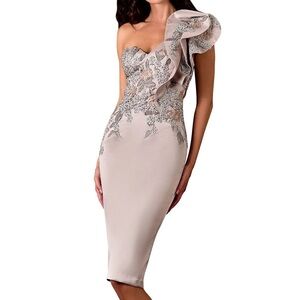 Terani Couture One-Shoulder Dress in Cream and Silver Pewter cocktail hemmed